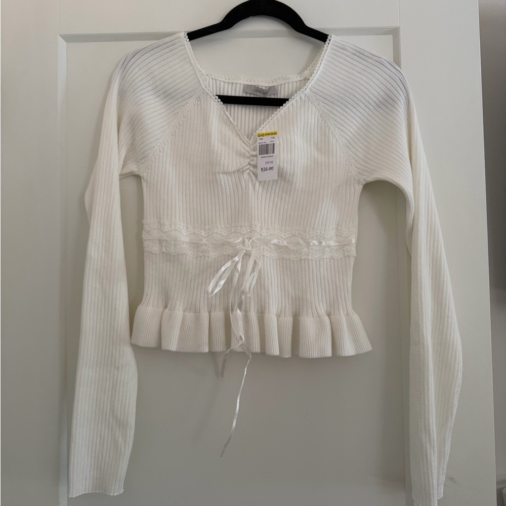 Love Tree White Ribbed Blouse with Lace Detail